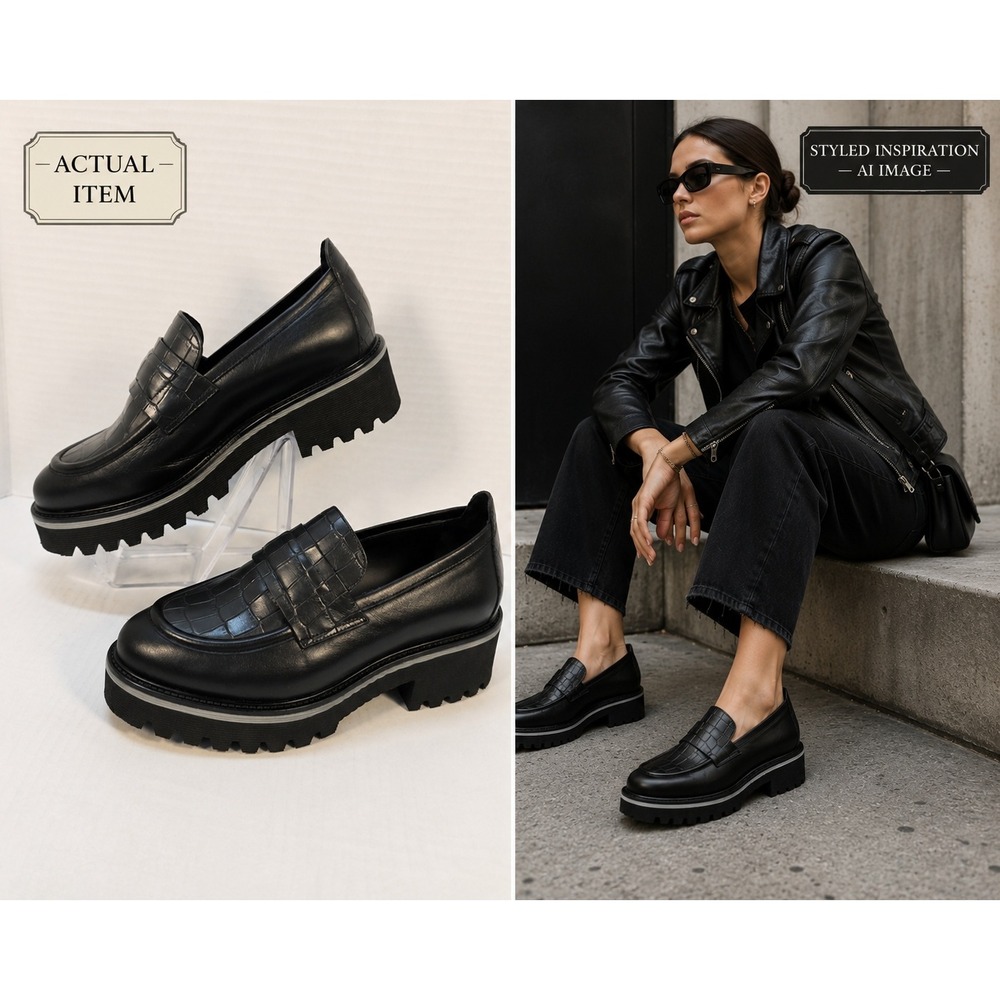 M.Gemi Platform Loafers Women Lug Sole Croc Leather Black 39.5 Excellent Goth